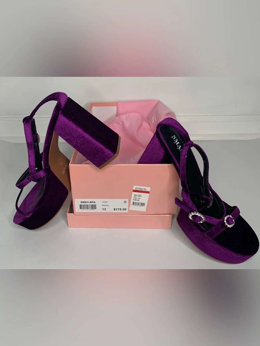 SMASH Violet Velvet Platform Heeled Sandals with Rhinestone Accent